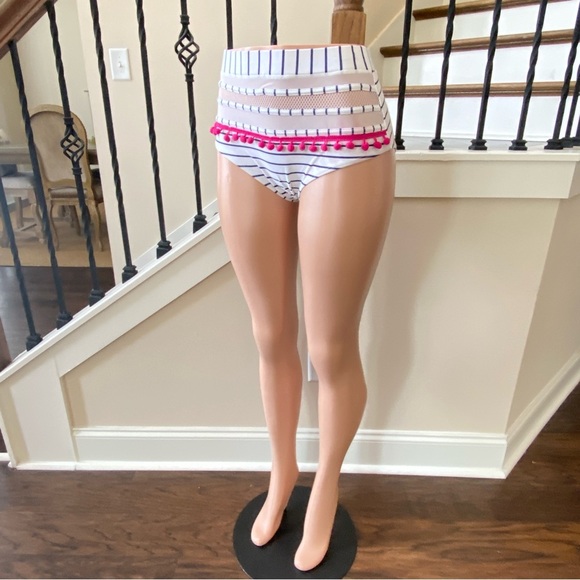 Navy and White Striped Bikini Tasseled Bottoms, size Medium - Picture 2 of 10